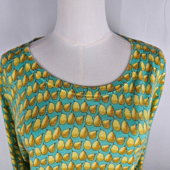 Talbots Sweater LP Faux Button-Back Pear Print Green Yellow Cottagecore - Picture 6 of 10